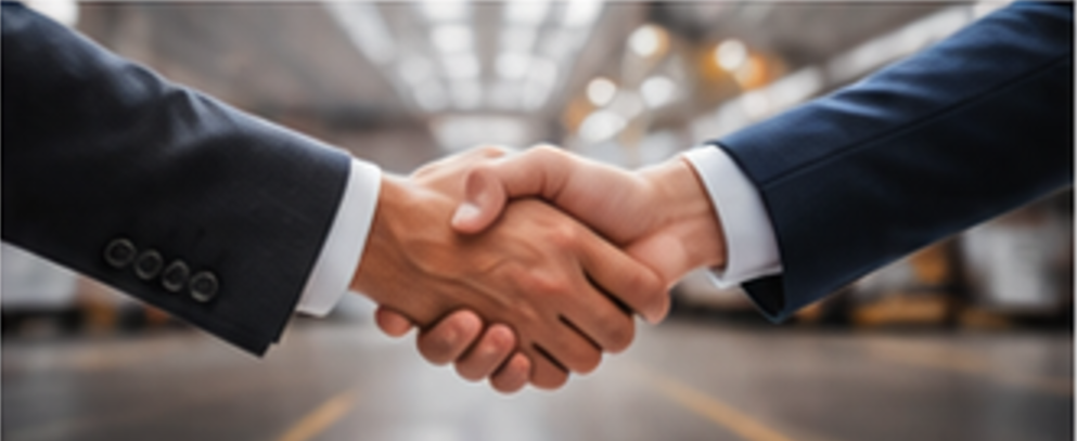 Two business partners shaking hands in a commercial vehicle workshop